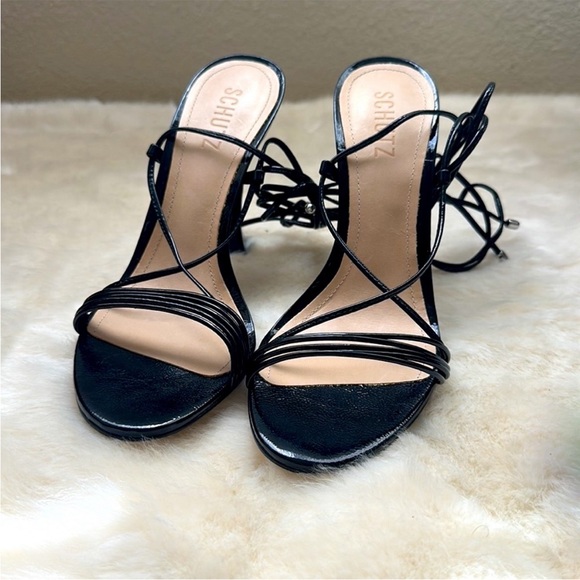 Schutz Arceli Black Leather Sole Heel with Patent Upper 8 - Picture 3 of 6